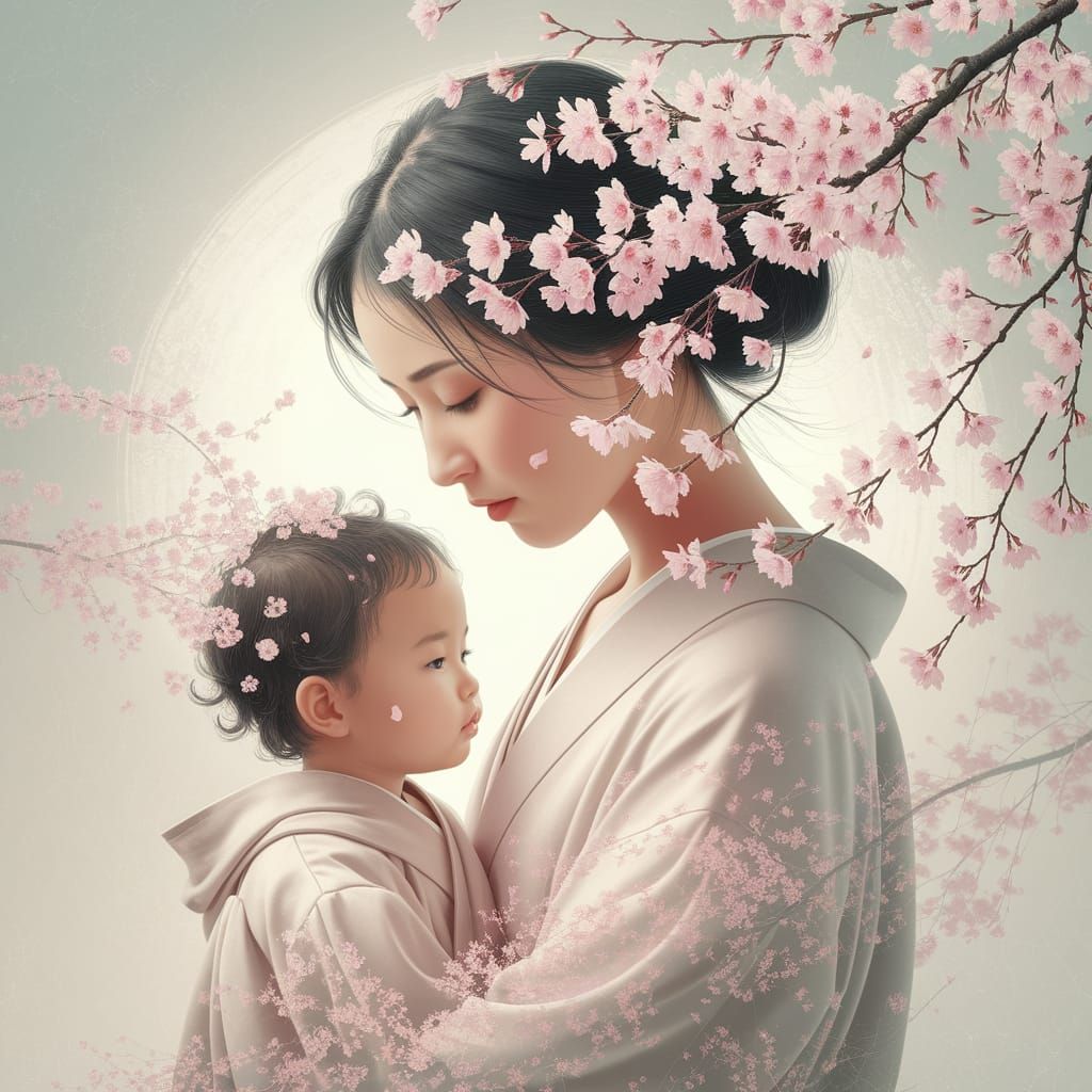 Surreal Mother and Child Amid Cherry Blossoms in Soft Pastel...