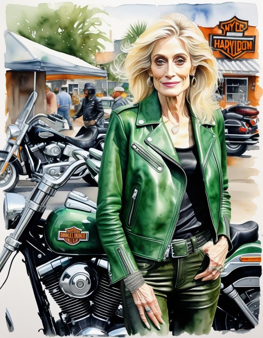 Cartoon Masterpiece: Biker Girl with Harley-Davidson