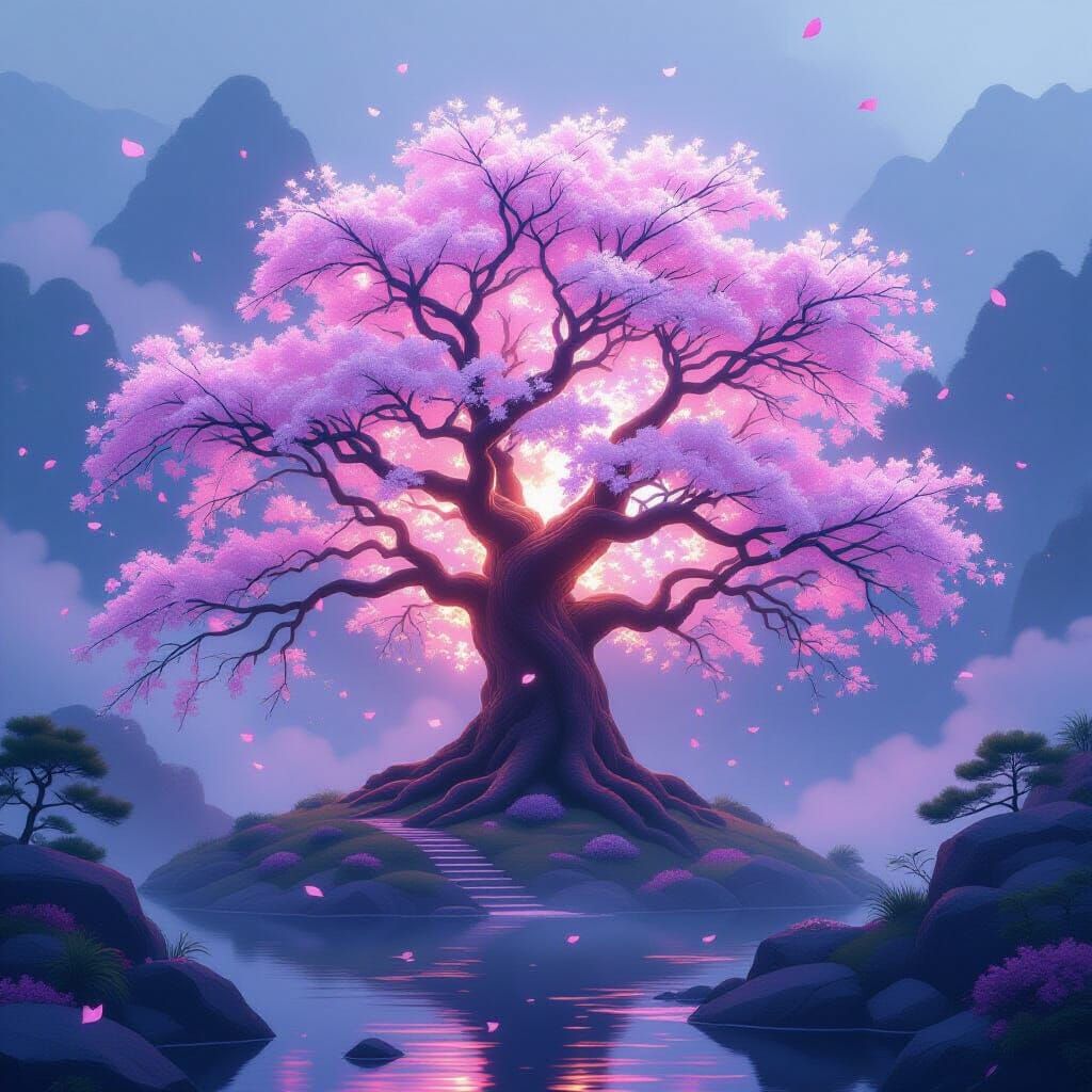 Giant Magical Sakura Tree in Misty Japanese Landscape