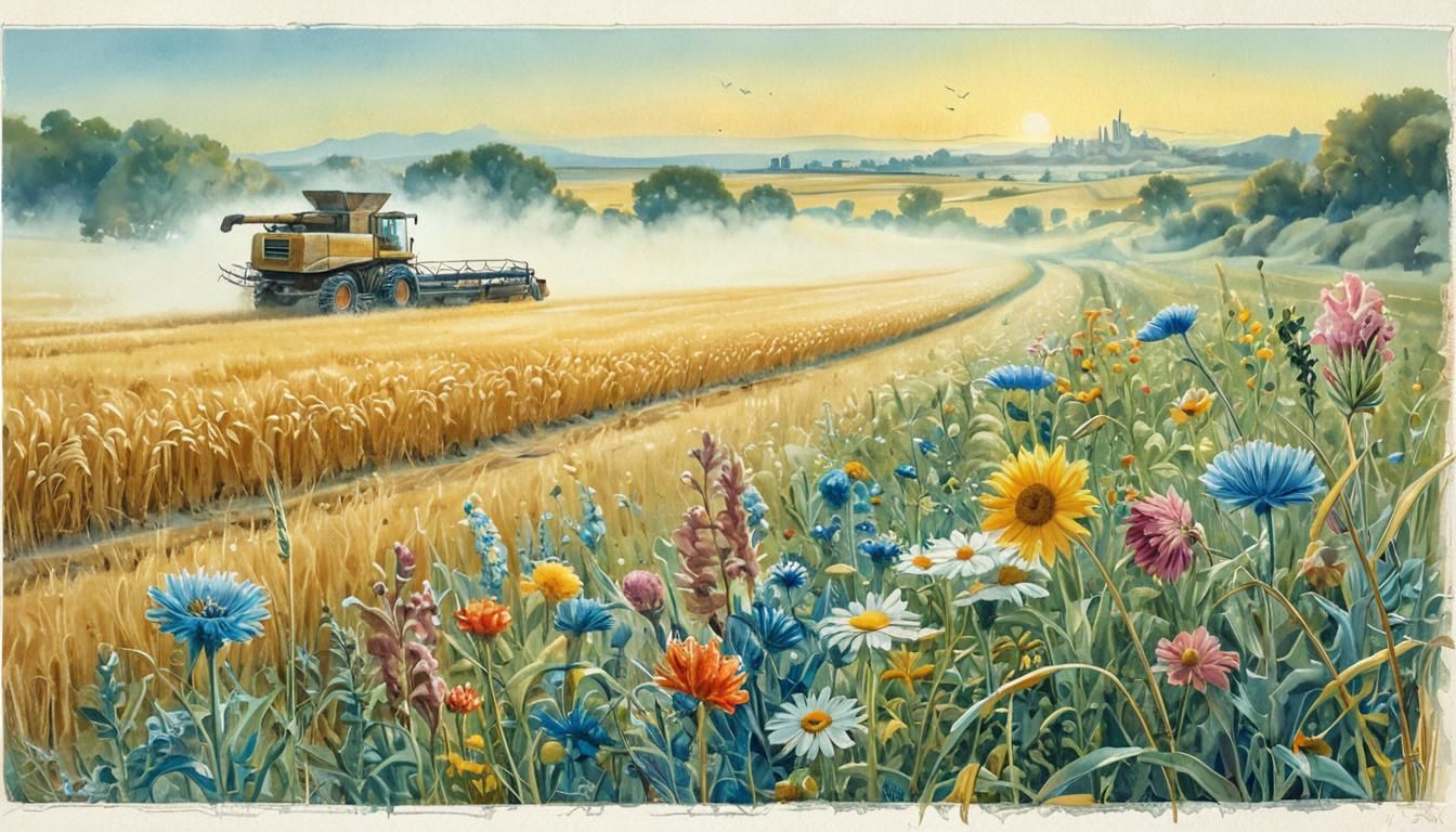 Watercolor Surrealism: Combine Harvester in Wheat Field