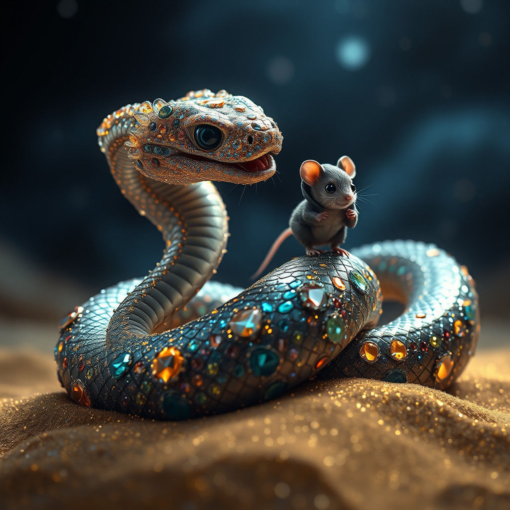 Glittering Serpent with Mouse in Mystical Realm