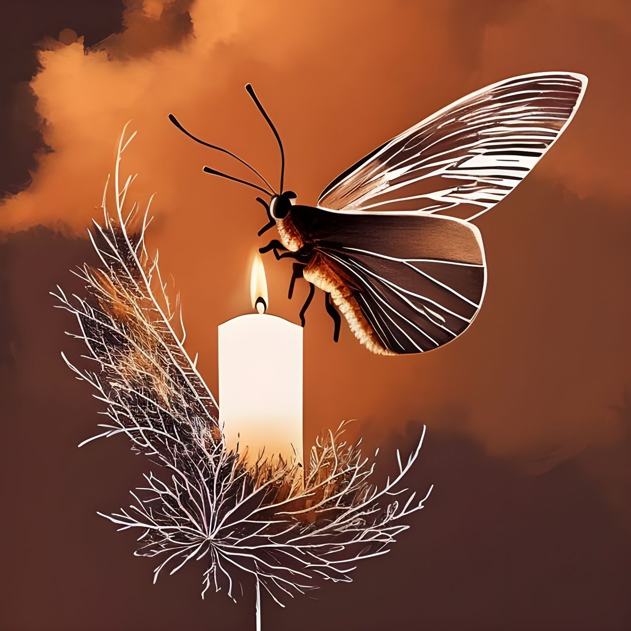 Silver Moth to Candle Flame in Dripping Ink Style