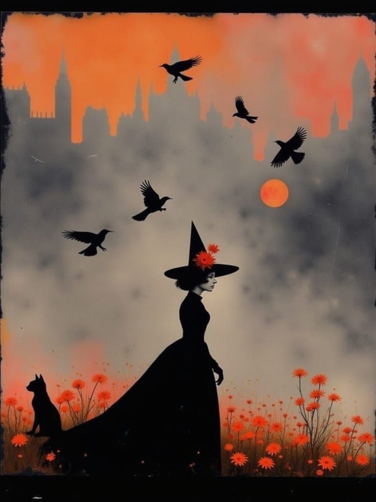 Goth Witch and Black Cat in Rainy Watercolor Style