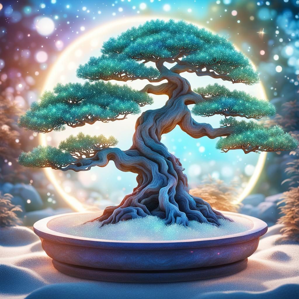 Bonsai Tree on White Sand: Cosmic Illustration