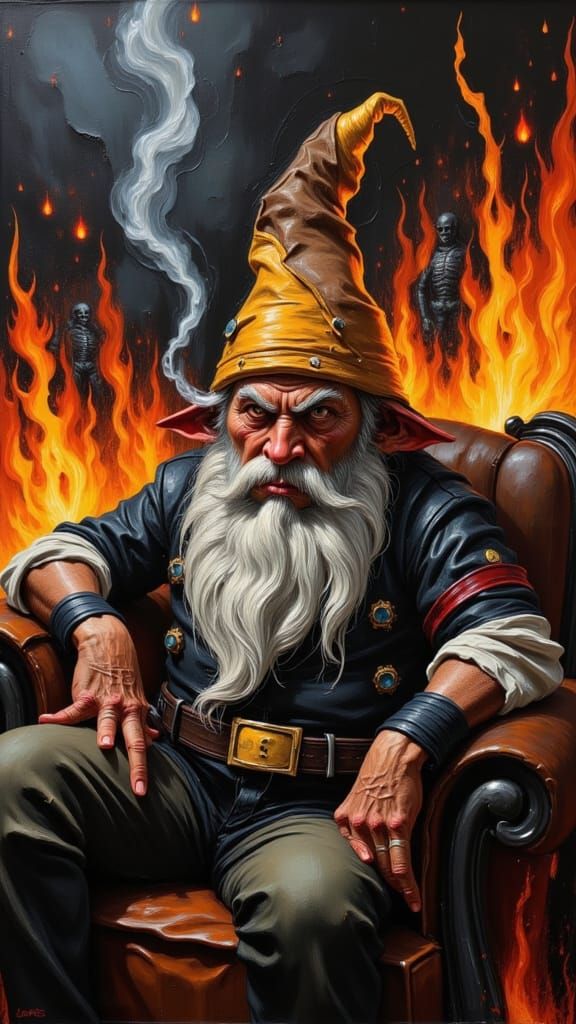 Angry Dwarf Smokes on Couch in Hellish Inferno