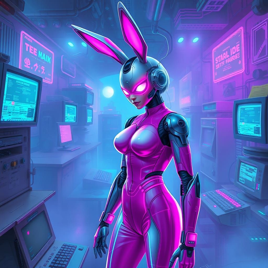 neon pink Cyberbunny bot woman   on  retro.computer  landsca...
