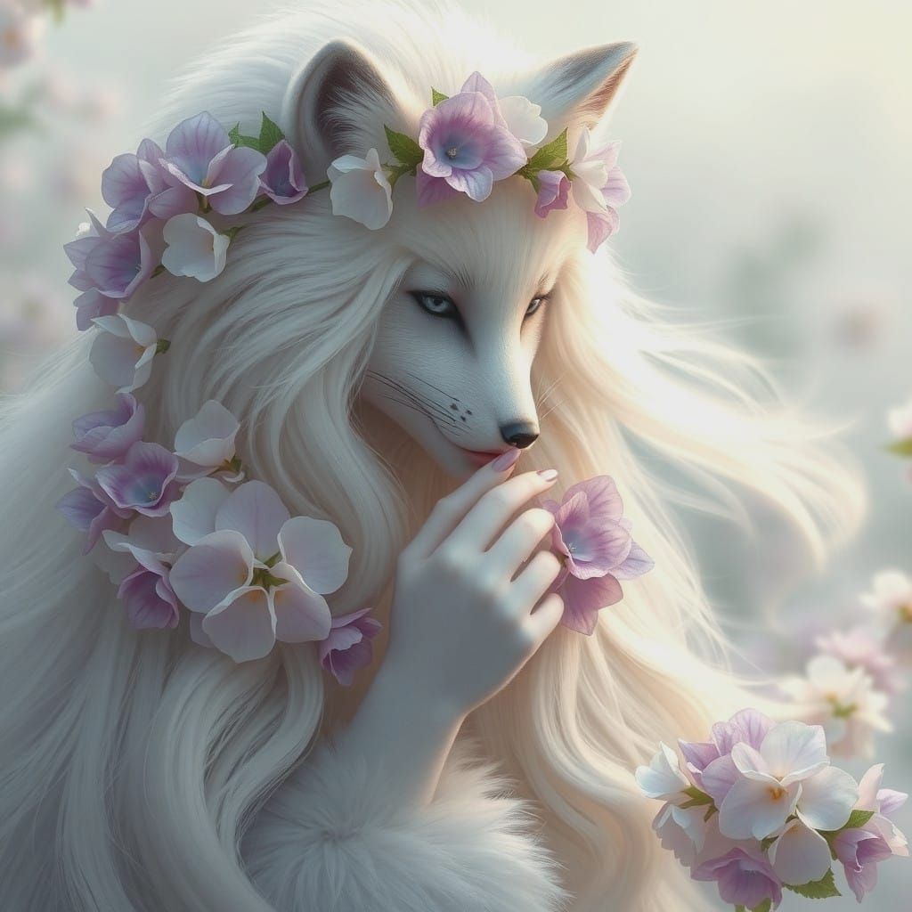 Ethereal Arctic Fox Maiden with Hydrangea Wreath in Fantasy...