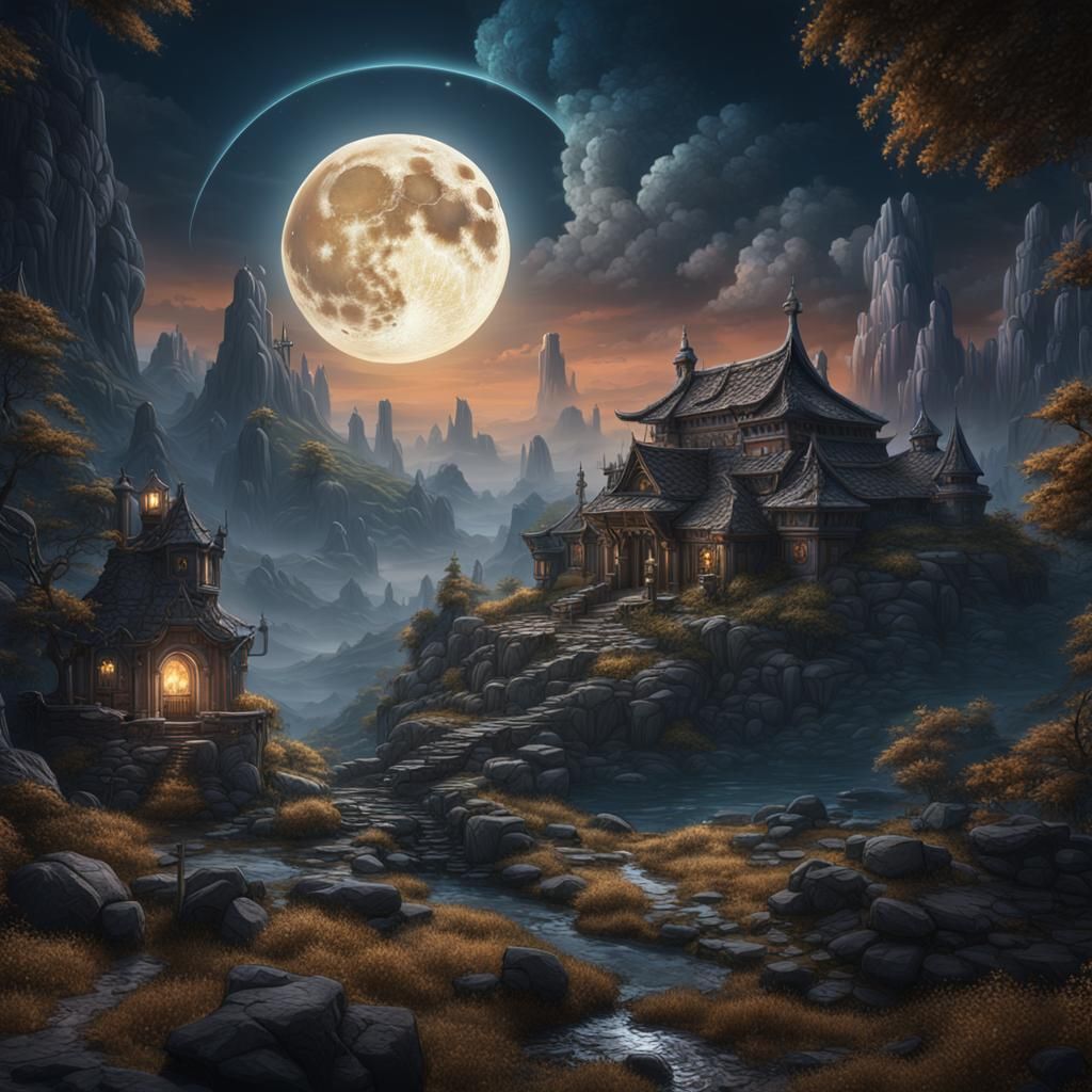 Fantastical Full Moon Matte Painting in Deep Color