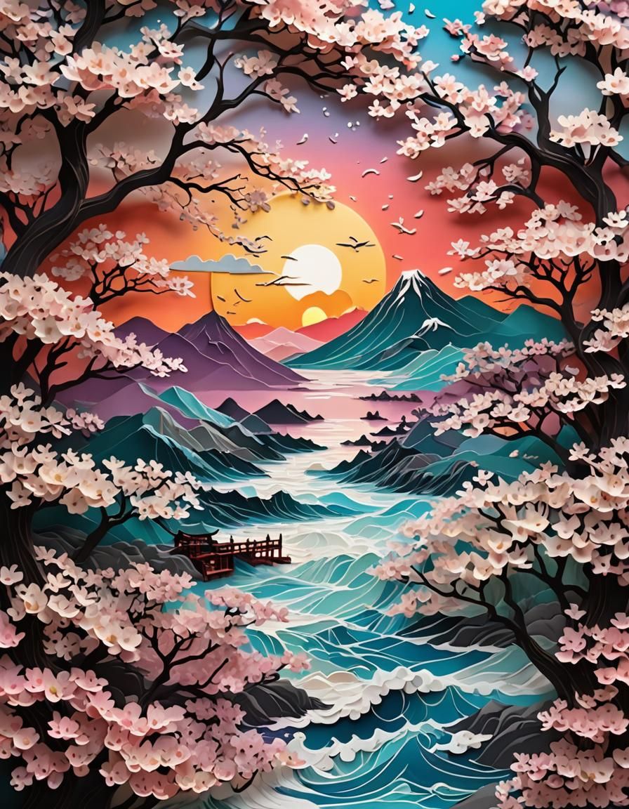 Ocean Waves and Cherry Blossoms in Digital Art