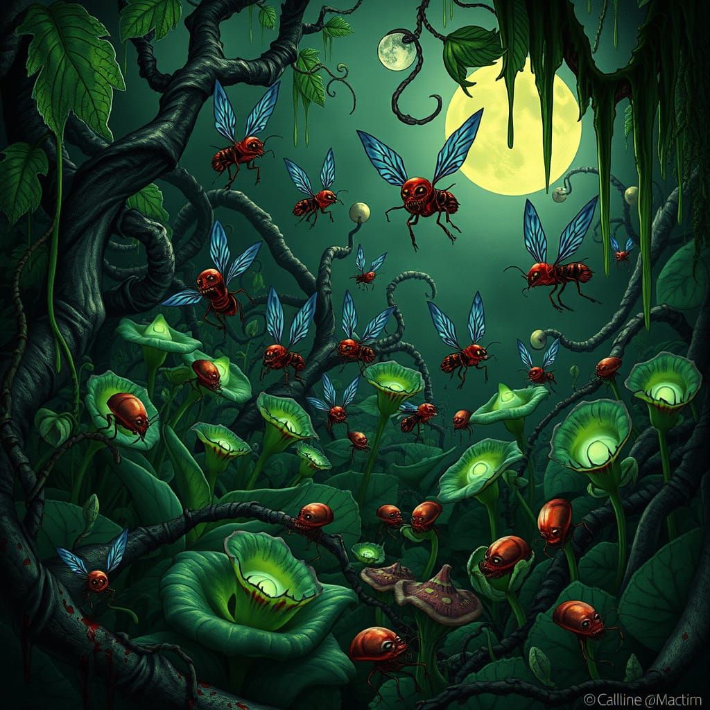 Creepy Garden Scene with Trolls and Insects