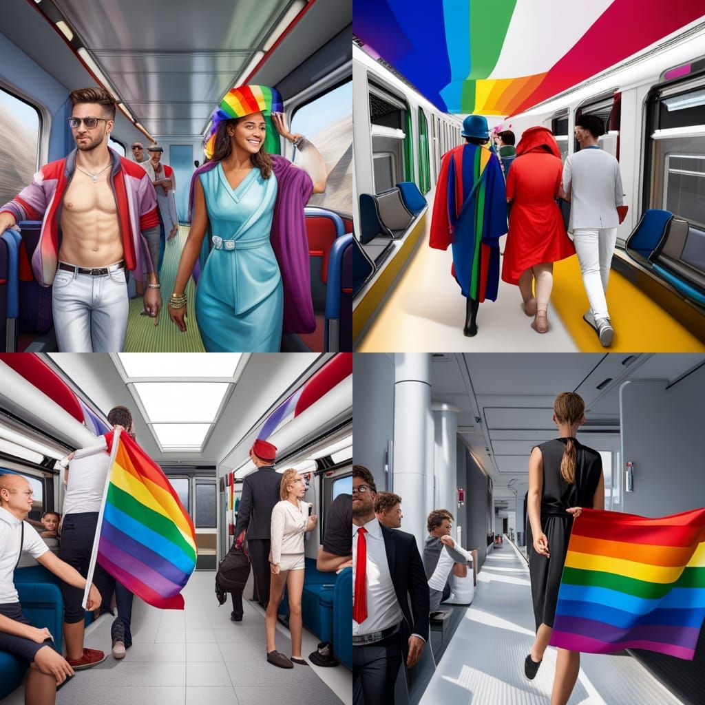 Pride flag, people walking in train, dressed in various costumes, photo realistic