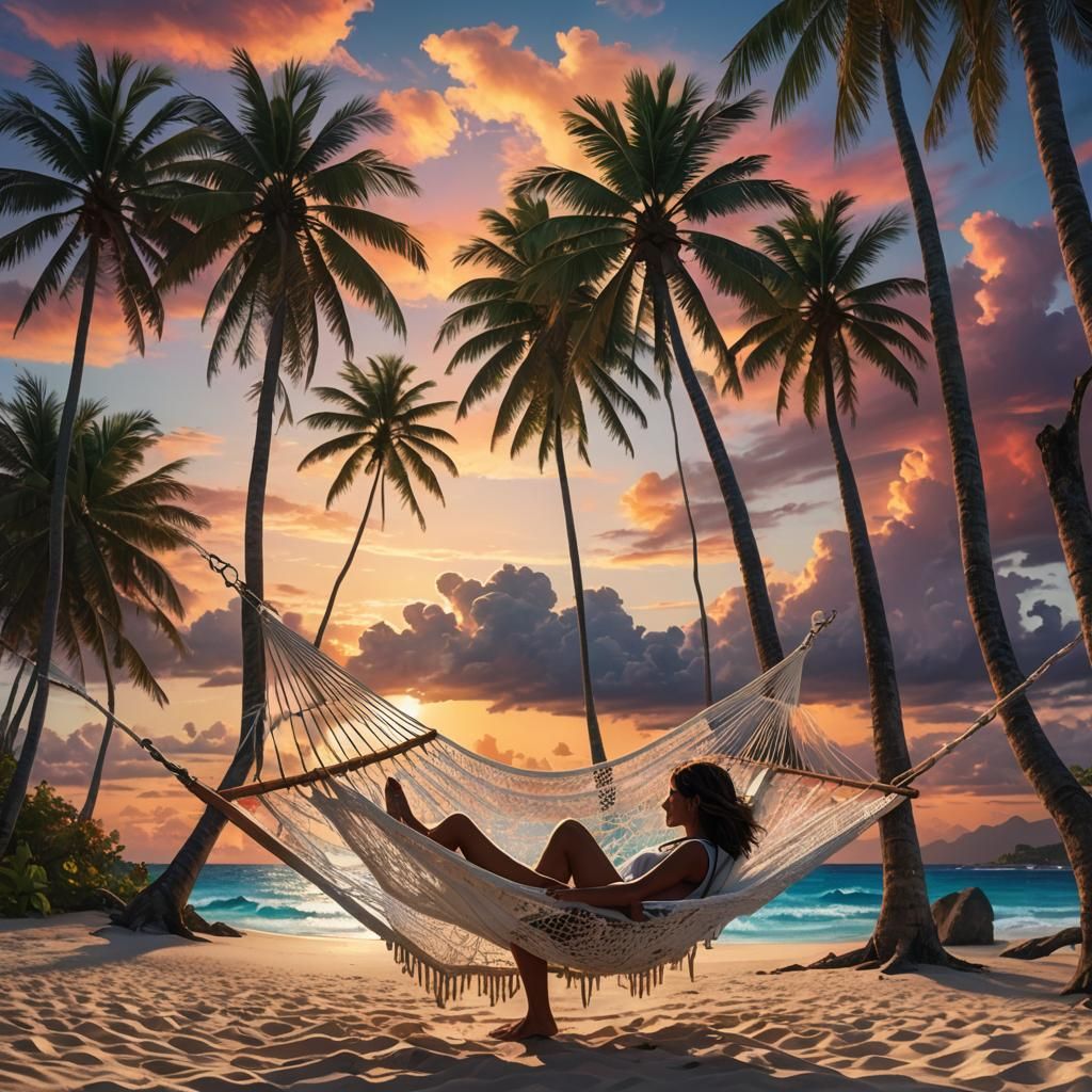Caribbean Beach Hammock at Sunrise: 3D Rendered Art
