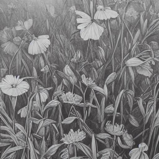 Hyperdetailed Charcoal Drawing of Spring Flowers