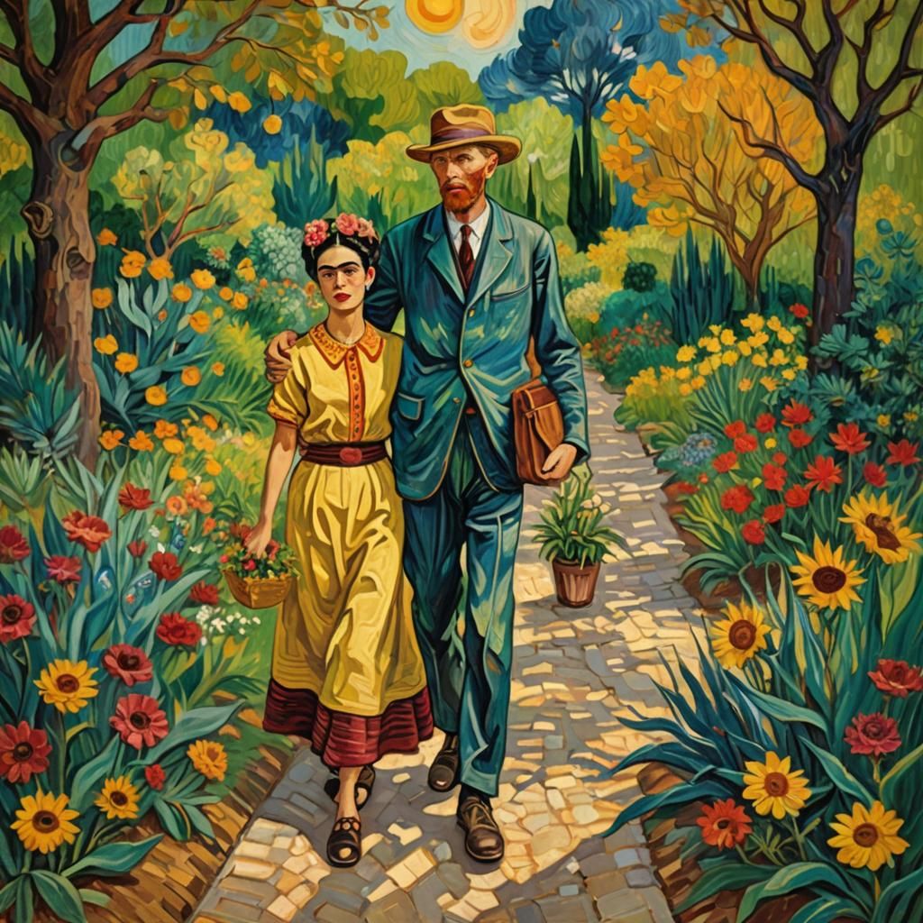 Van Gogh and Kahlo in Garden as Impressionist Oil Painting