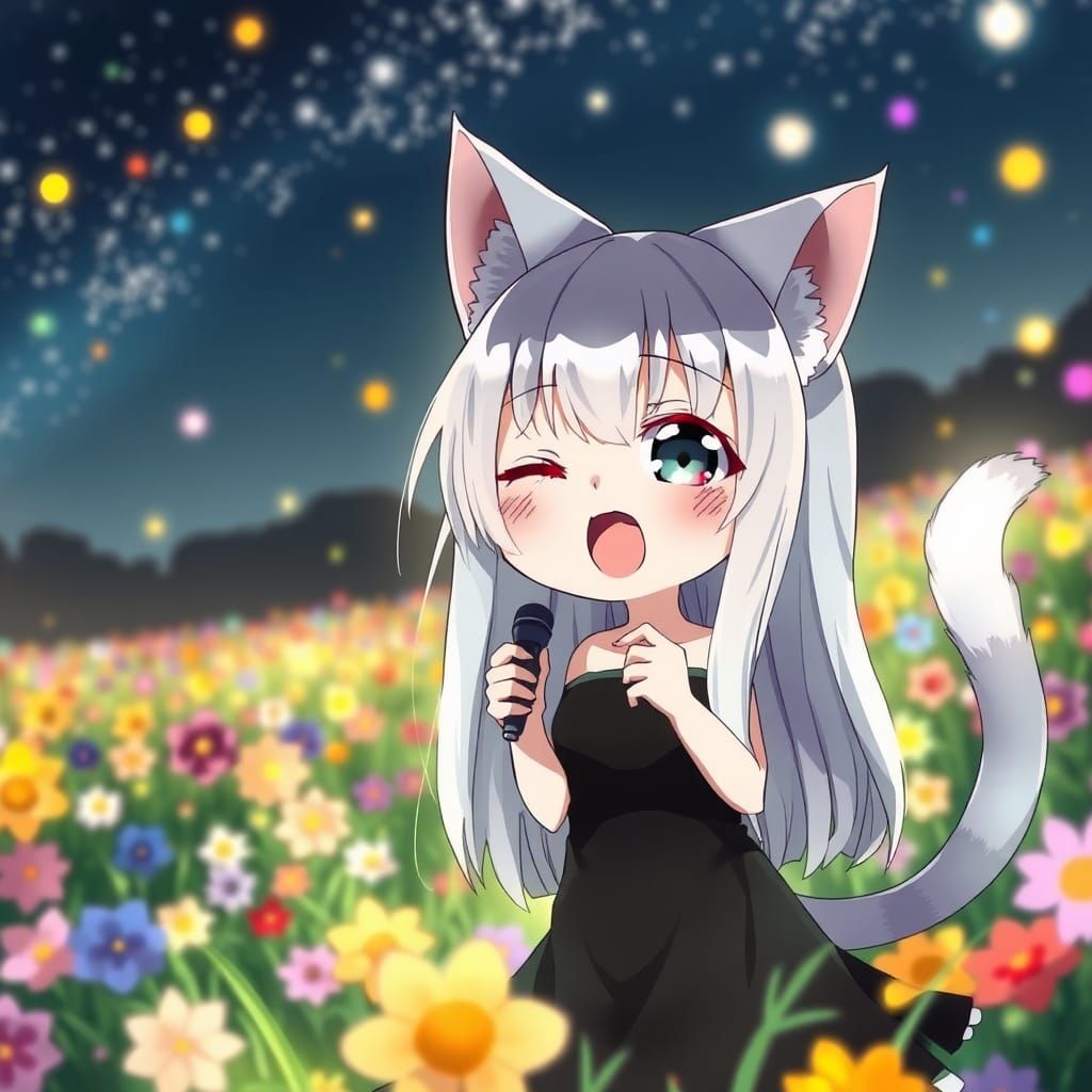 Cute Anime Catgirl Singing in Flowery Field