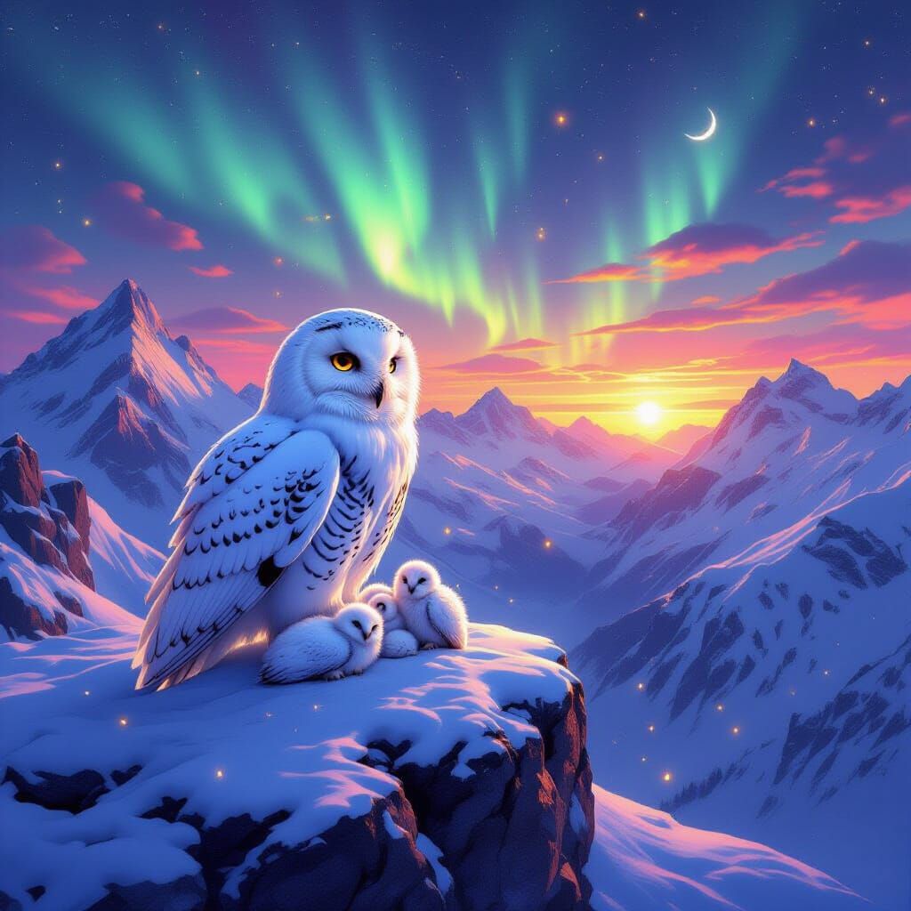 Majestic Snowy Owl in Glowing Sunset Mountains