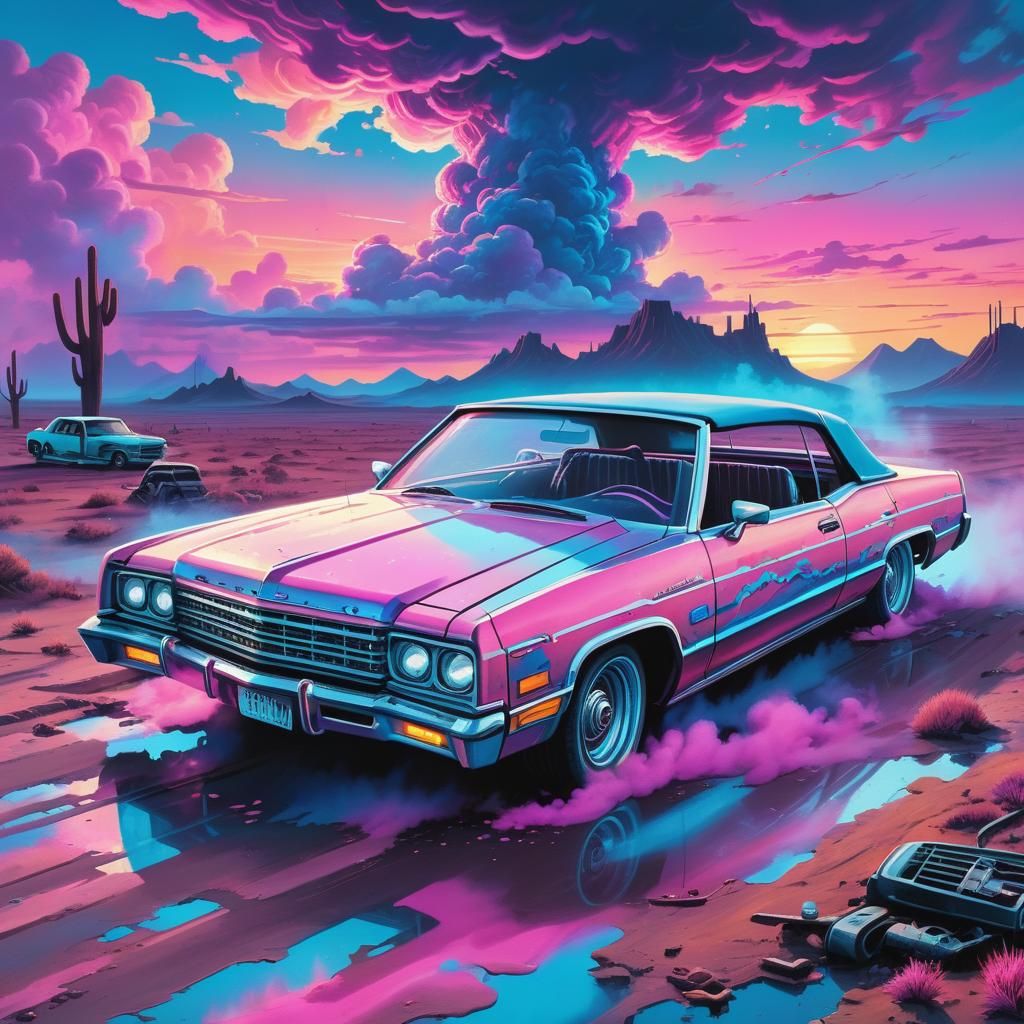 Post apocalypse synthwave 1970’s low rider lowrider convertible, Synthwave, retro futurism, outrun