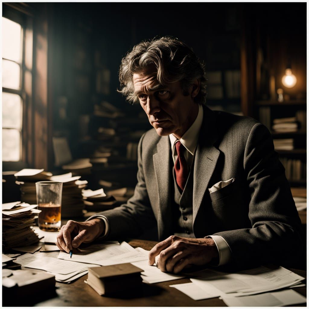 Gritty Film Noir Detective in a Smoky, Rainy Night Atmospher...