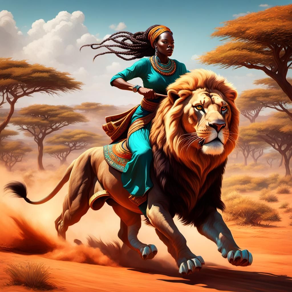 African Woman Rides Lion in Hyperdetailed Concept Art