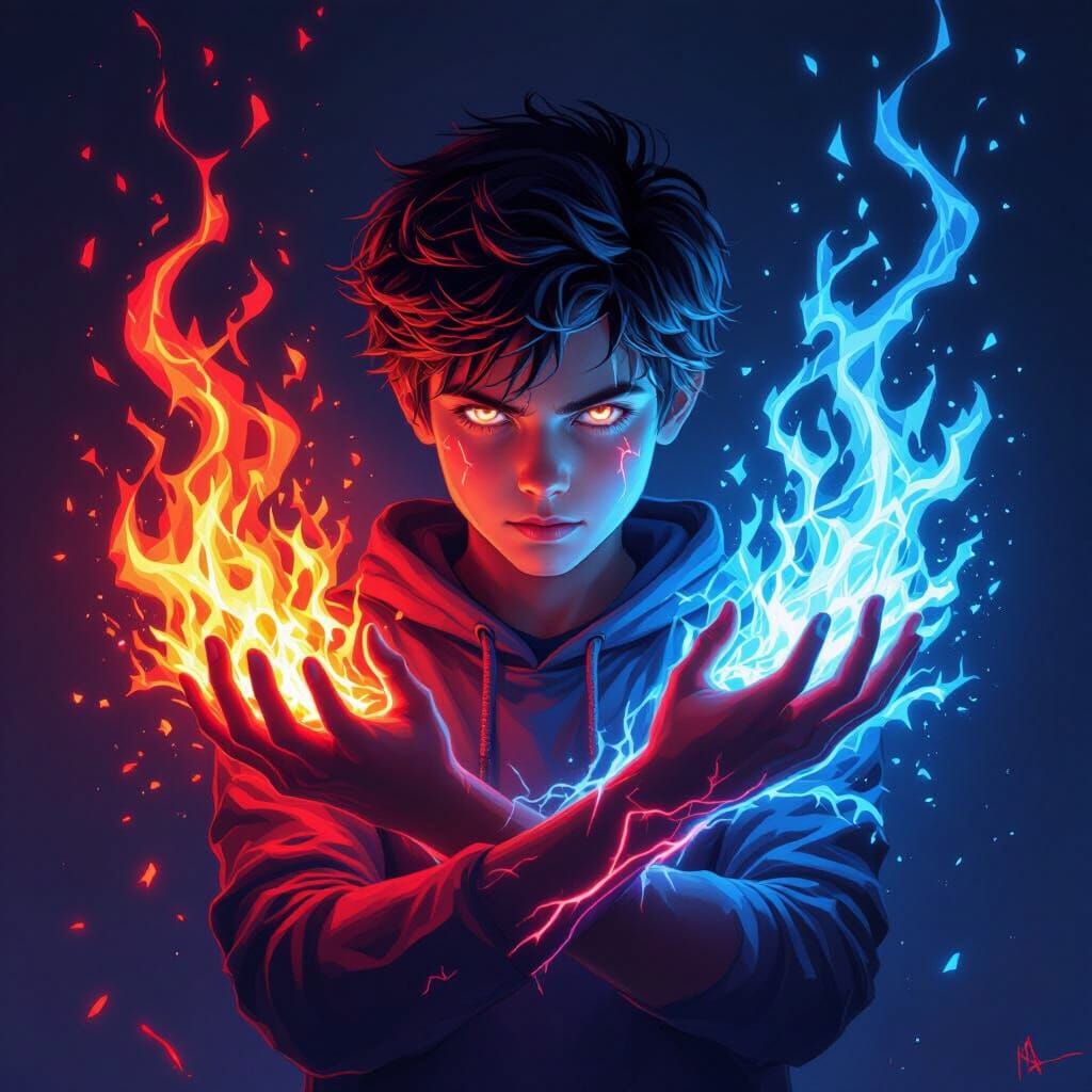 Gamer Boy With Fire and Ice Powers