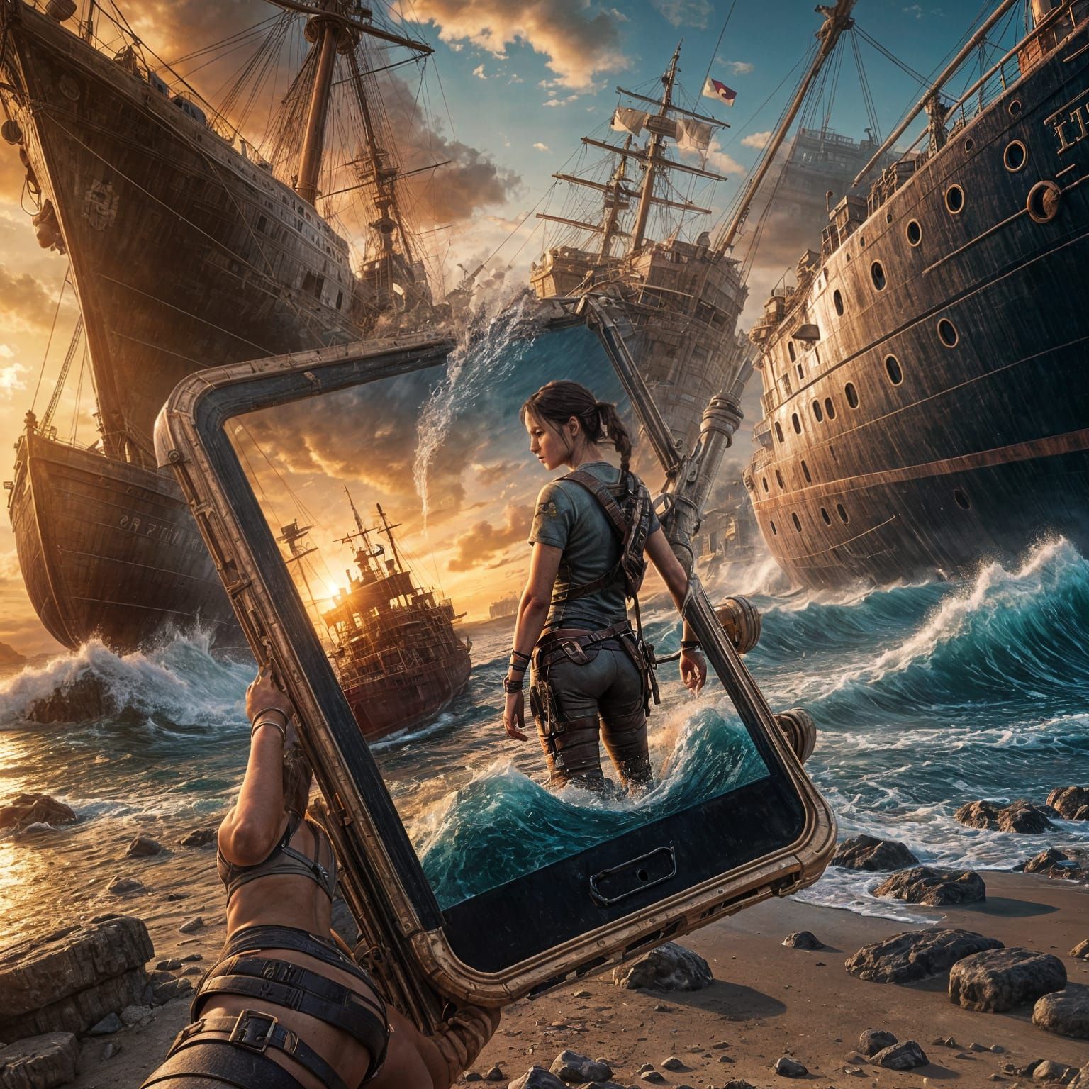 Lara Croft and Ship in Smartphone: Matte Painting