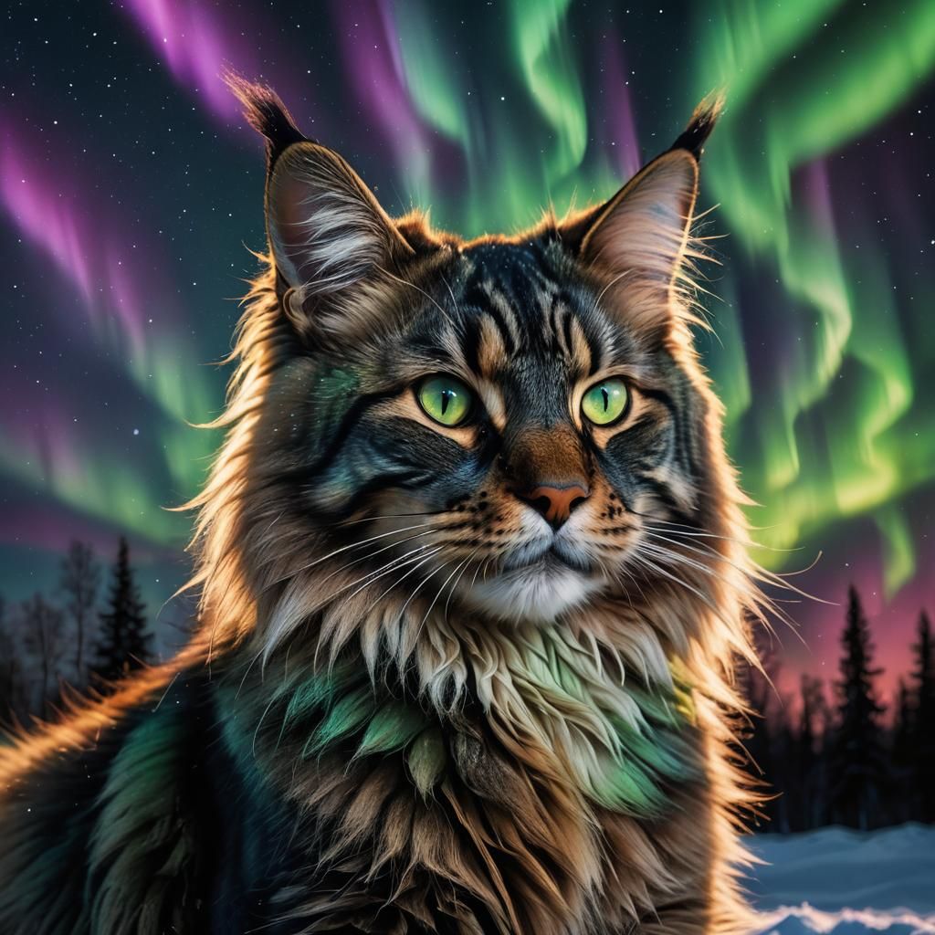 Maine Coon Cat Made of Northern Lights
