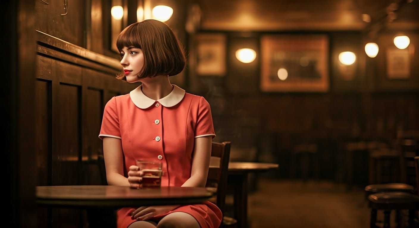 Woman in 1960s London Pub, Cinematic Style