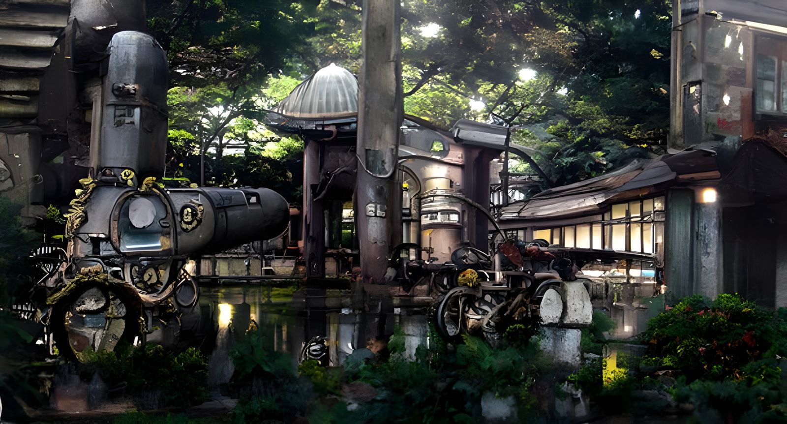 Dieselpunk Koishikawa Korakuen Gardens: 3D Digital Illustrat...