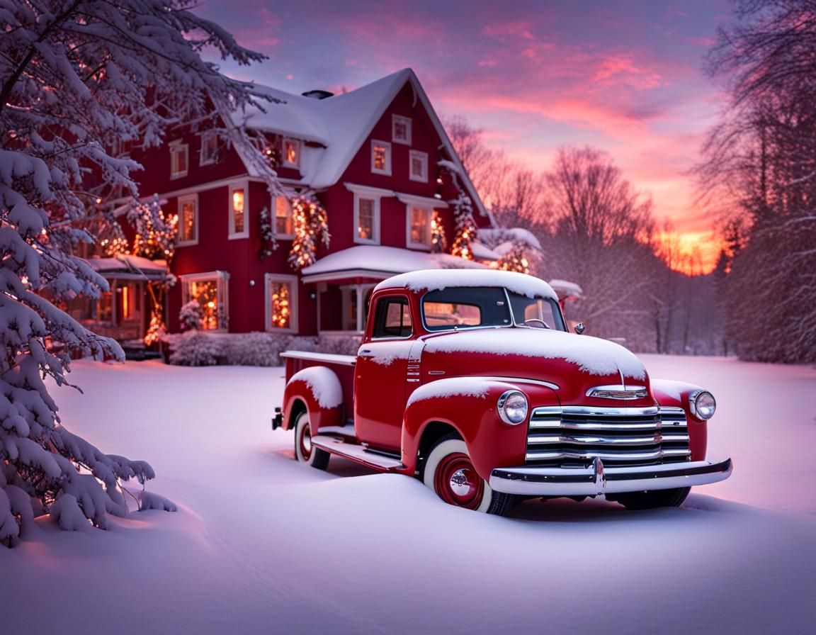 Snow-Covered 1953 Chevy Christmas Scene