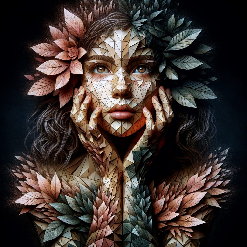 Geometric Portrait of Girl with Floral Adornments