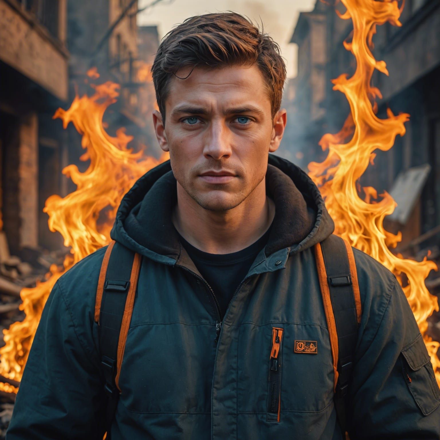 Man Surrounded by Flames in Ultra Detailed 8K