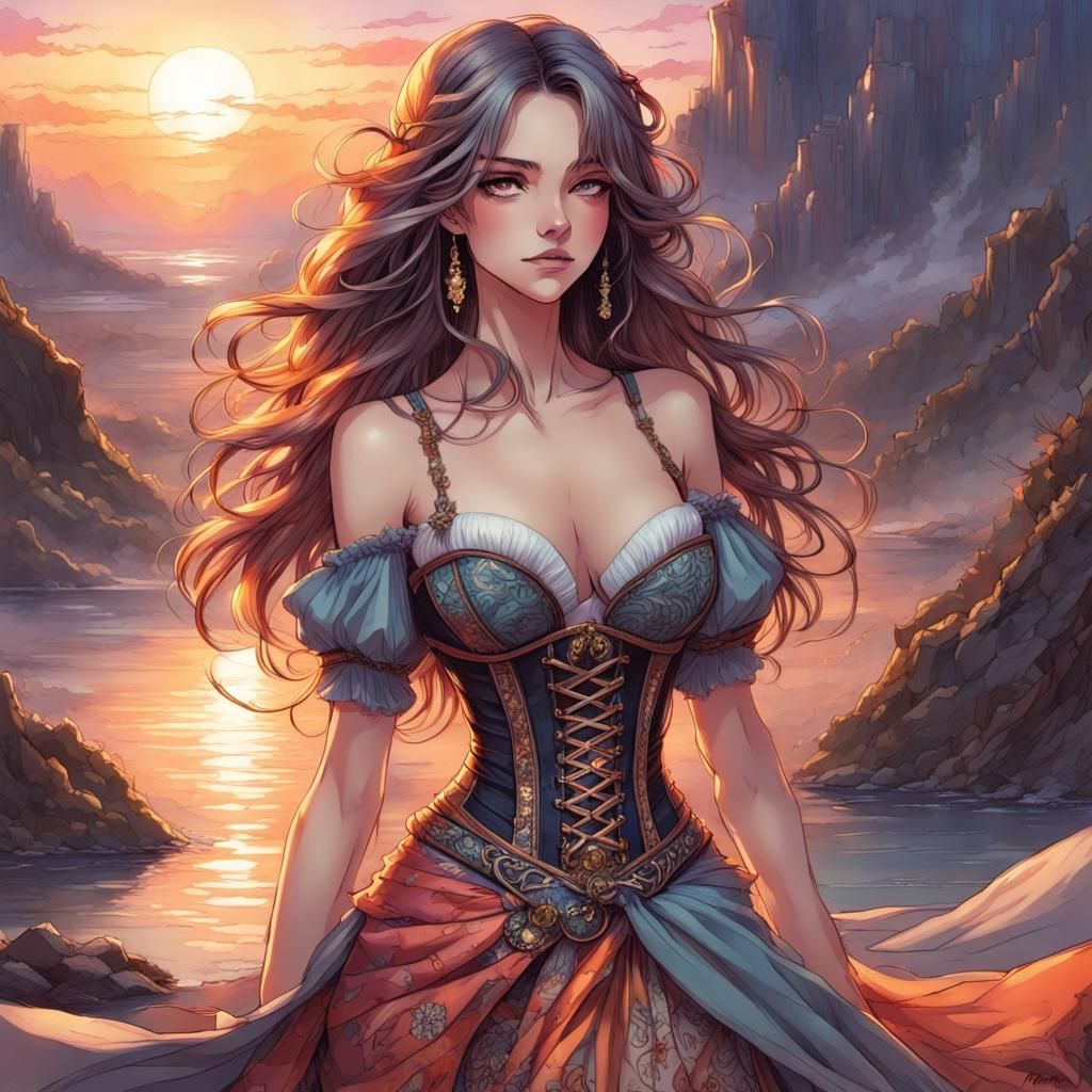Anime Fantasy Woman in Gypsy Skirt at Sunset