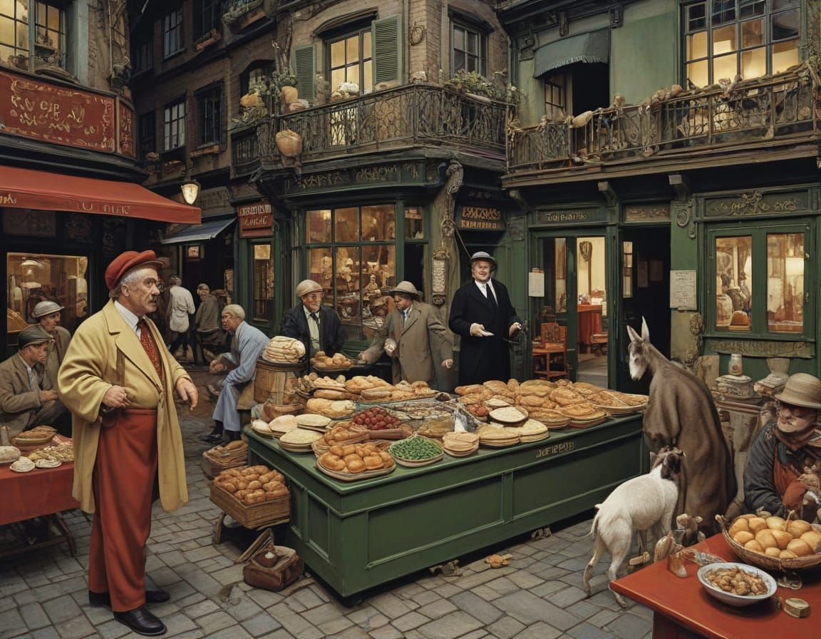 Vibrant Street Life in a Whimsical, Surreal Setting