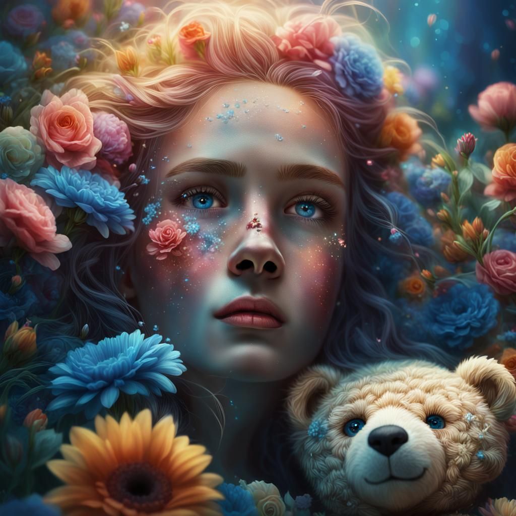 Woman with Floral Hair and Teddy Bear Reflection