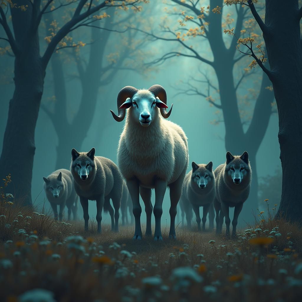 Majestic Sheep Amidst Wolves in Dreamlike Forest