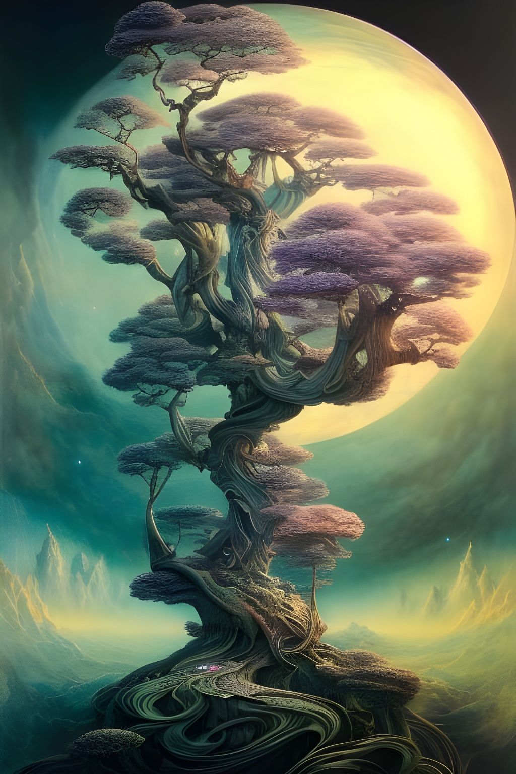 Surreal Intergalactic Bonsai Landscape in Dreamlike Style