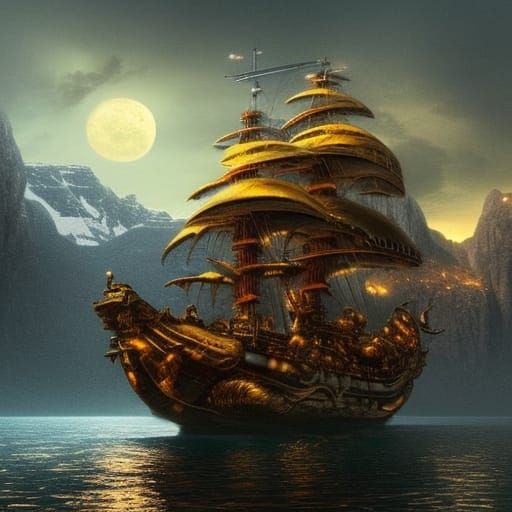 Golden Pirate Ship at Dawn: Digital Matte Painting