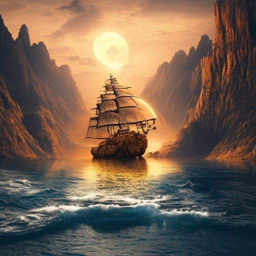 Golden Pirate Ship on Rock at Dawn