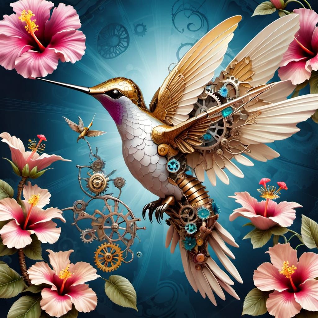 Steampunk Hummingbird and Hibiscus Flower