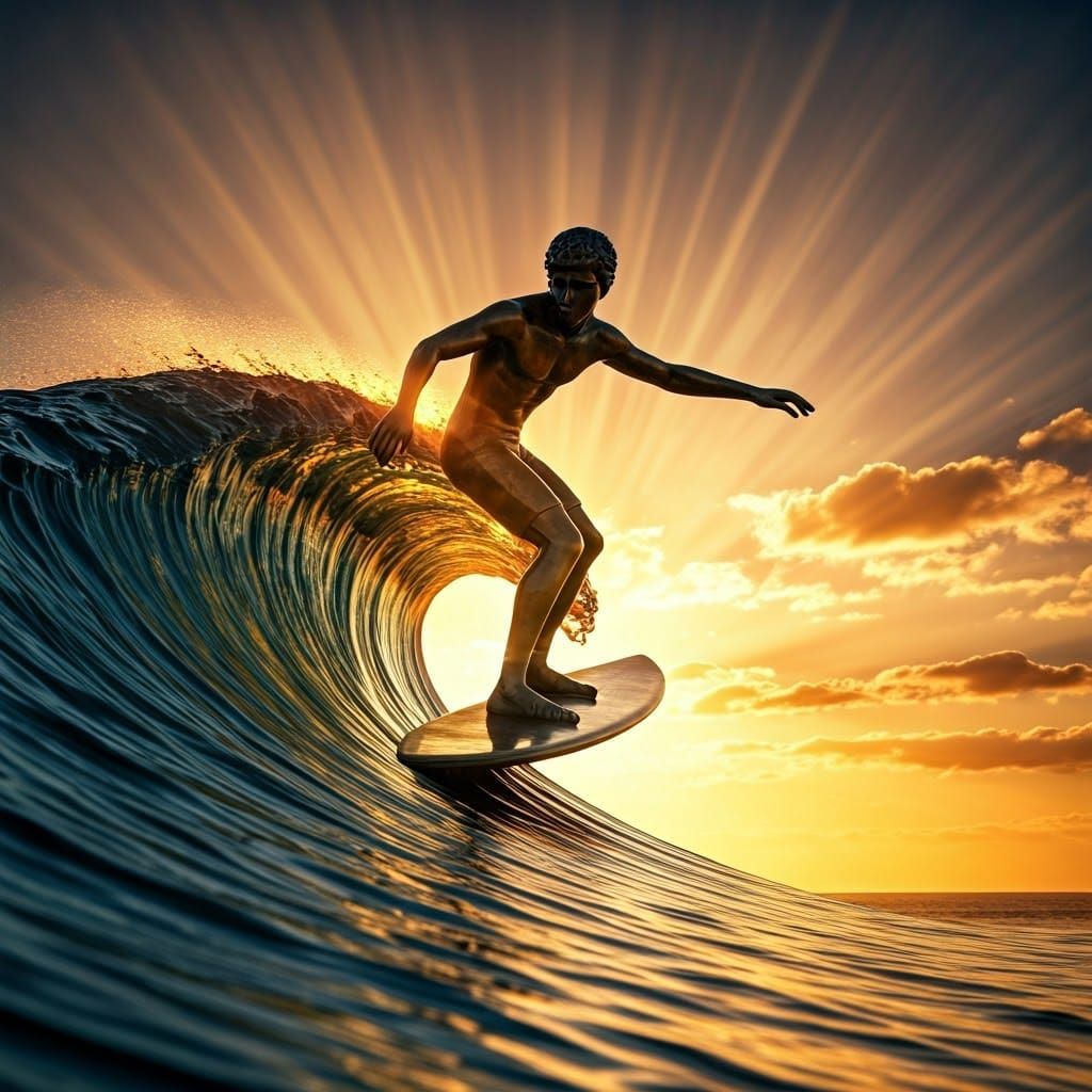 Dramatic Bronze Surfer Statue at Sunset