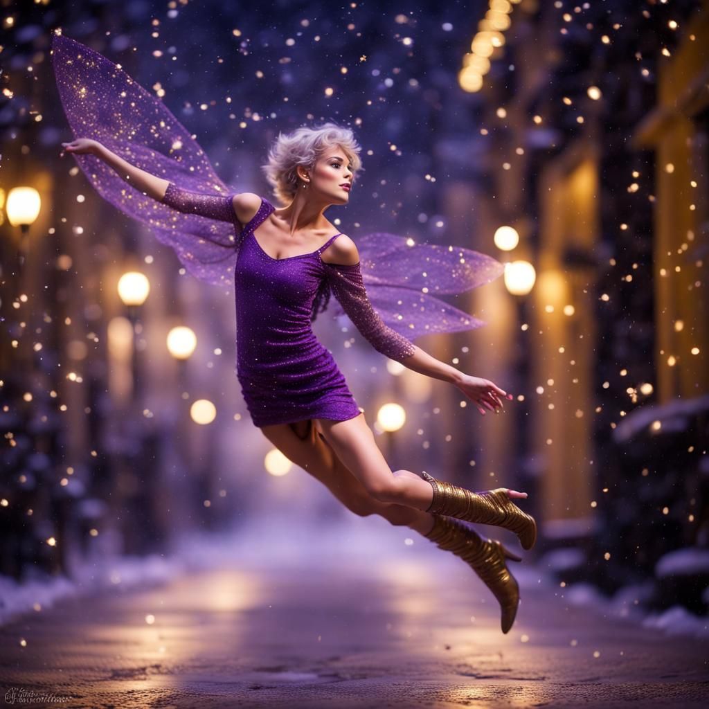 Modern Pixie Flies Through Winter Christmas Streets
