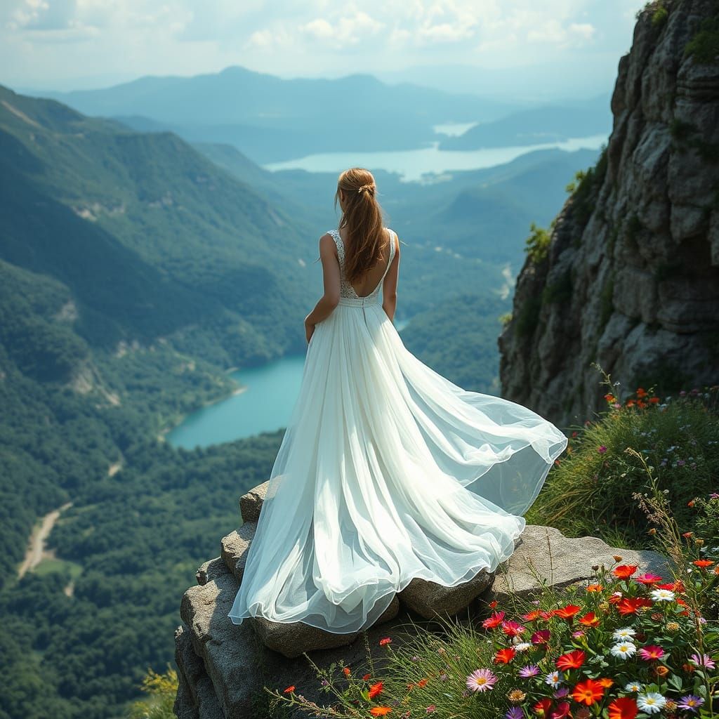 Girl in Wedding Dress on Cliff: Dreamy Art
