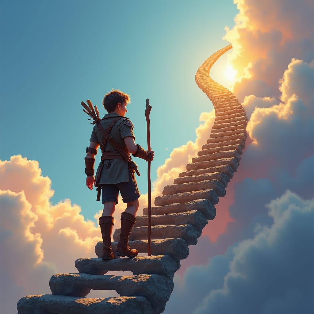 Adventurer Ascends Mystical Ladder to the Clouds