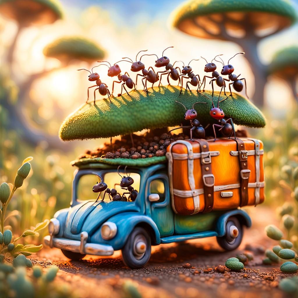 Ant Family Road Trip: Hyperrealistic Impressionist Journey