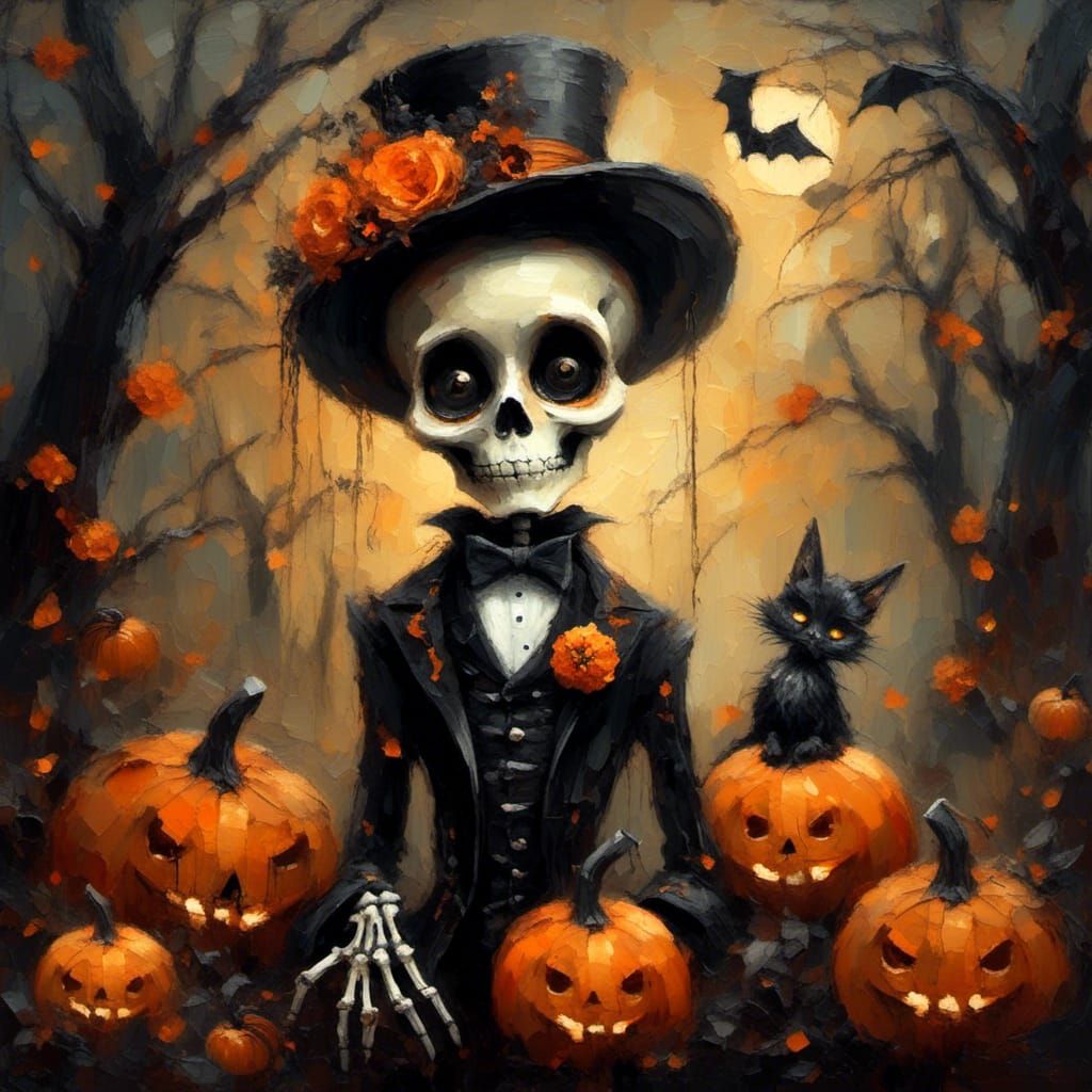 Whimsical Halloween Skeleton in Storybook Art Style
