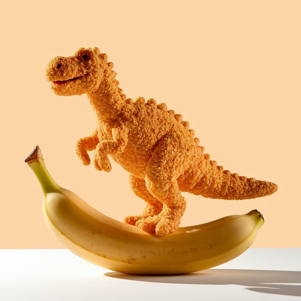 Chicken Nugget Dinosaur on Banana, White Background