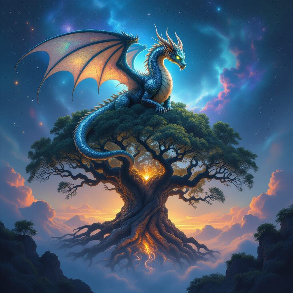Iridescent Dragon on Ancient Tree Amidst Nebula