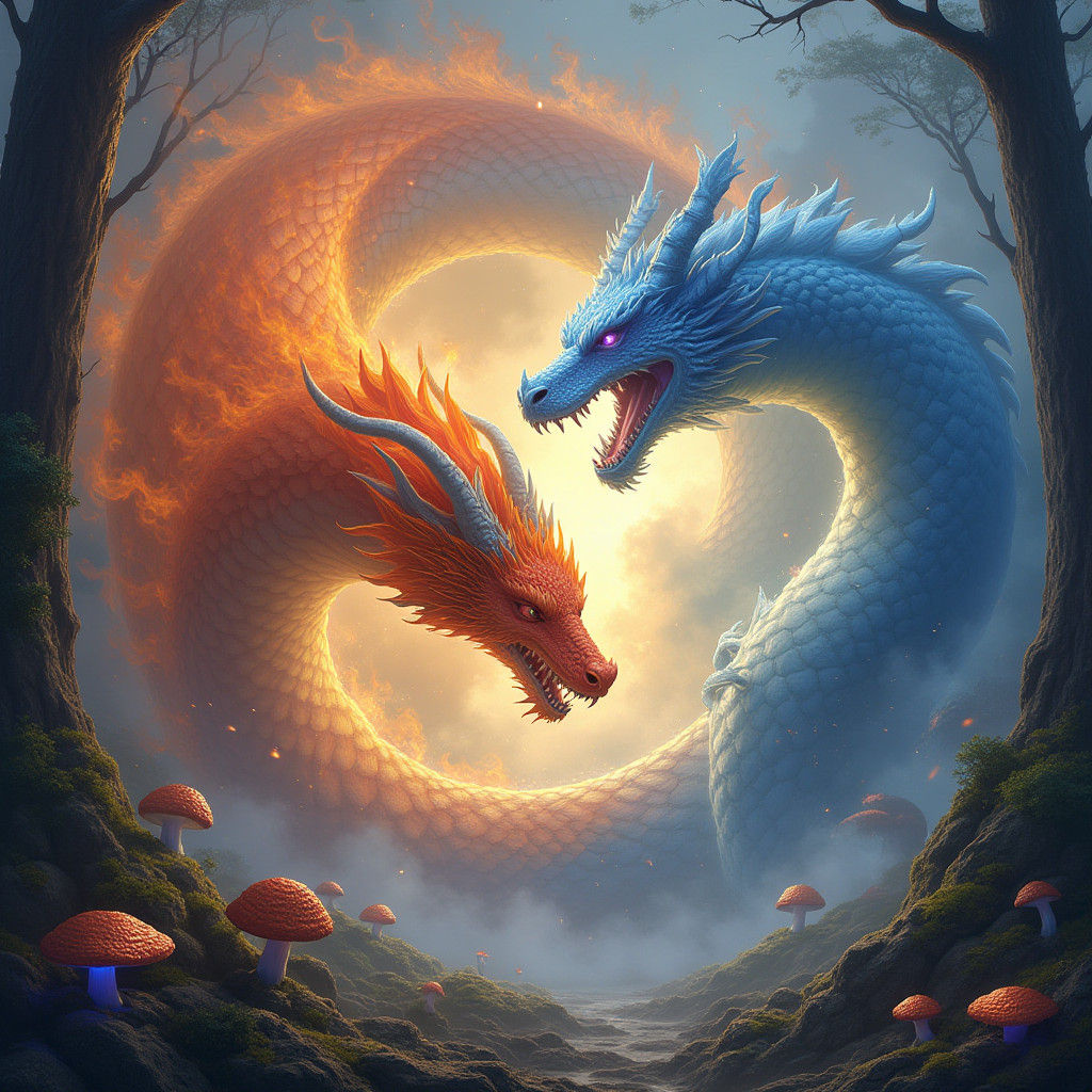 Epic Dragon Battle in Dreamlike Landscape