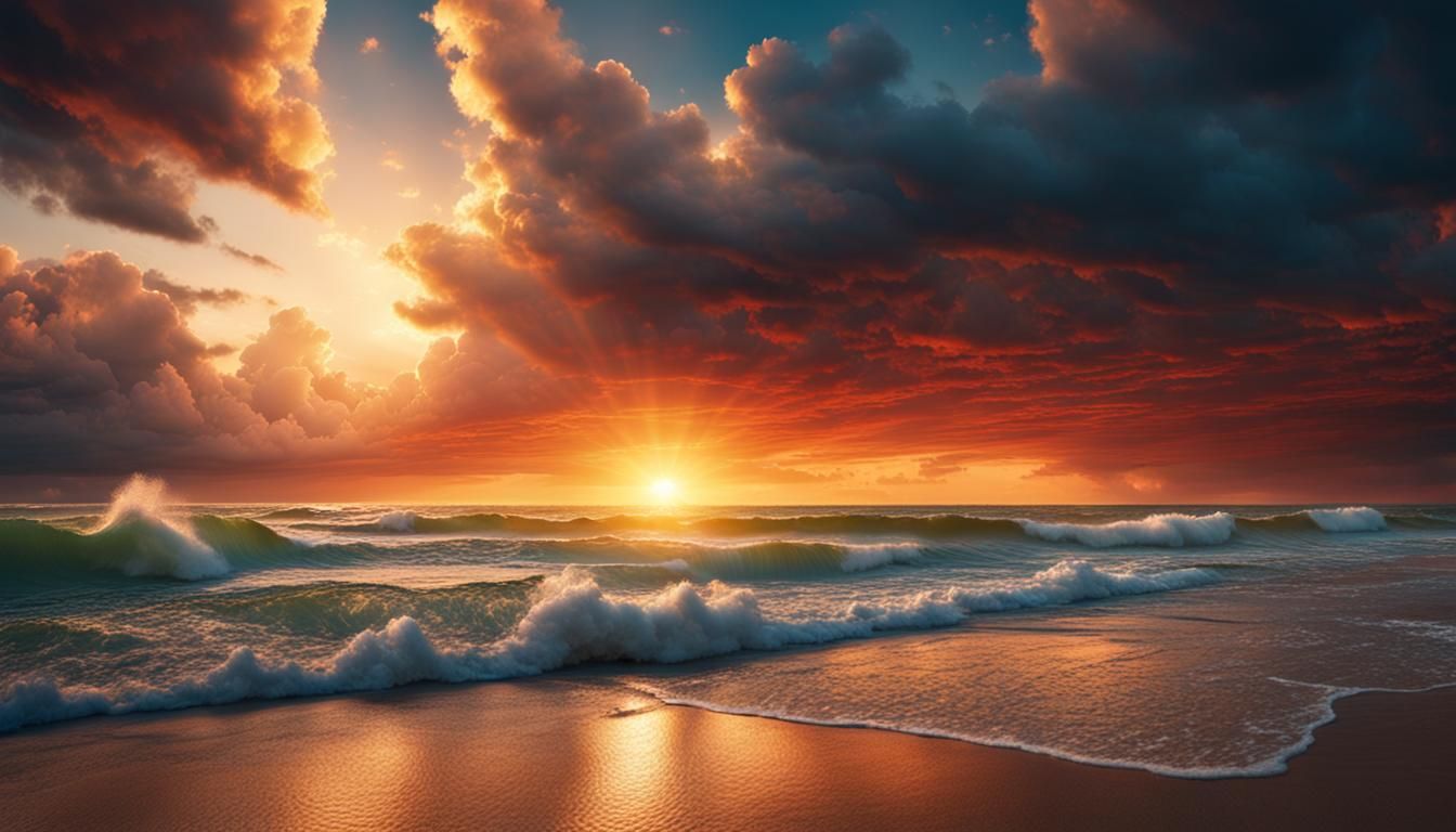Epic Beach Sunset with Sunrays Through Clouds