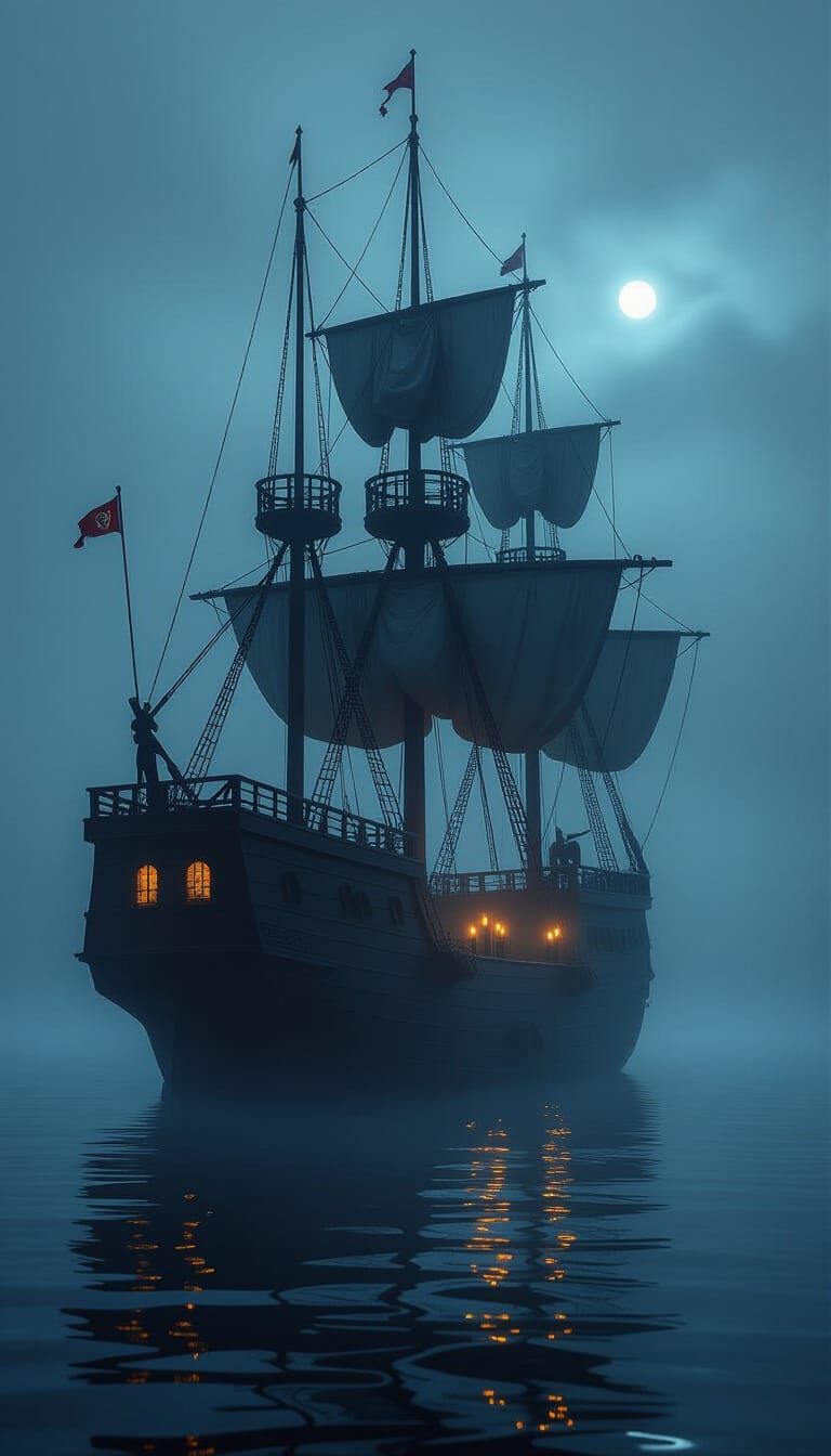 Ghost Galleon on Foggy Sea at Twilight